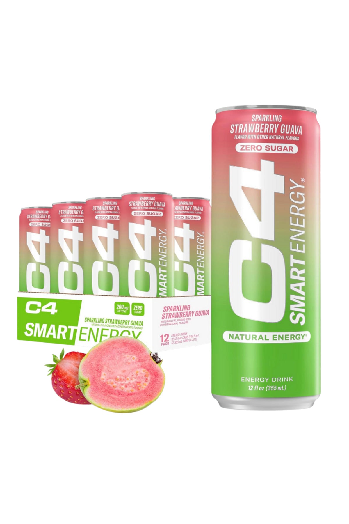 C4 Pre Workout Energy Drink With Beta-Alanine, Zero Sugar, Carbonated Drink for Strength & Endurance, Strawberry Guava Flavor – 12 Pack