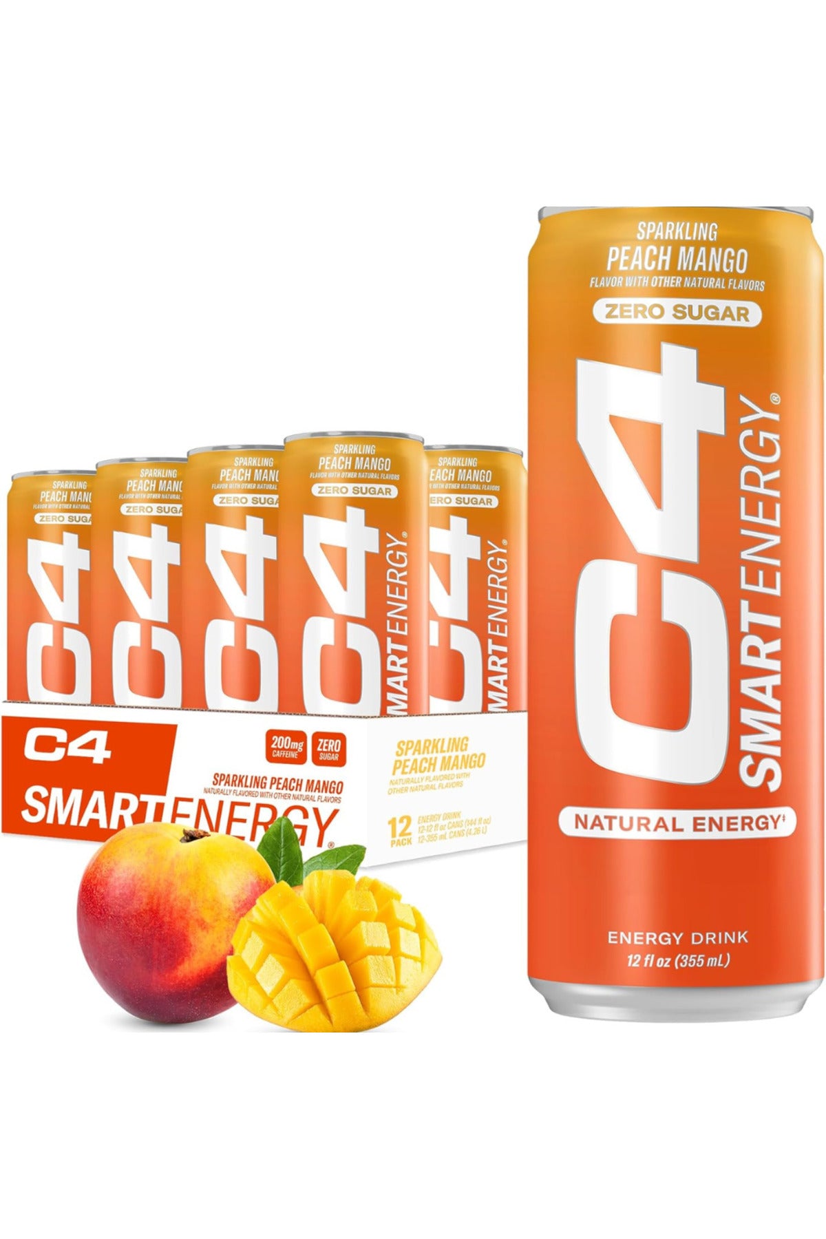C4 Pre Workout Energy Drink With Beta-Alanine, Zero Sugar, Carbonated Drink for Strength & Endurance, Peach Mango Flavor – 12 Pack