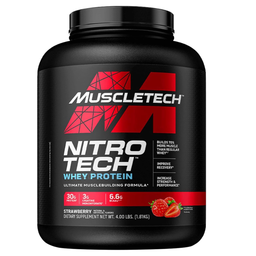 MuscleTech Nitro-Tech Whey Protein Powder With Creatine for Muscle Growth, Lean Muscle Building & Recovery, High-Quality Whey Protein Isolate Blend Strawberry Flavor – 4lbs