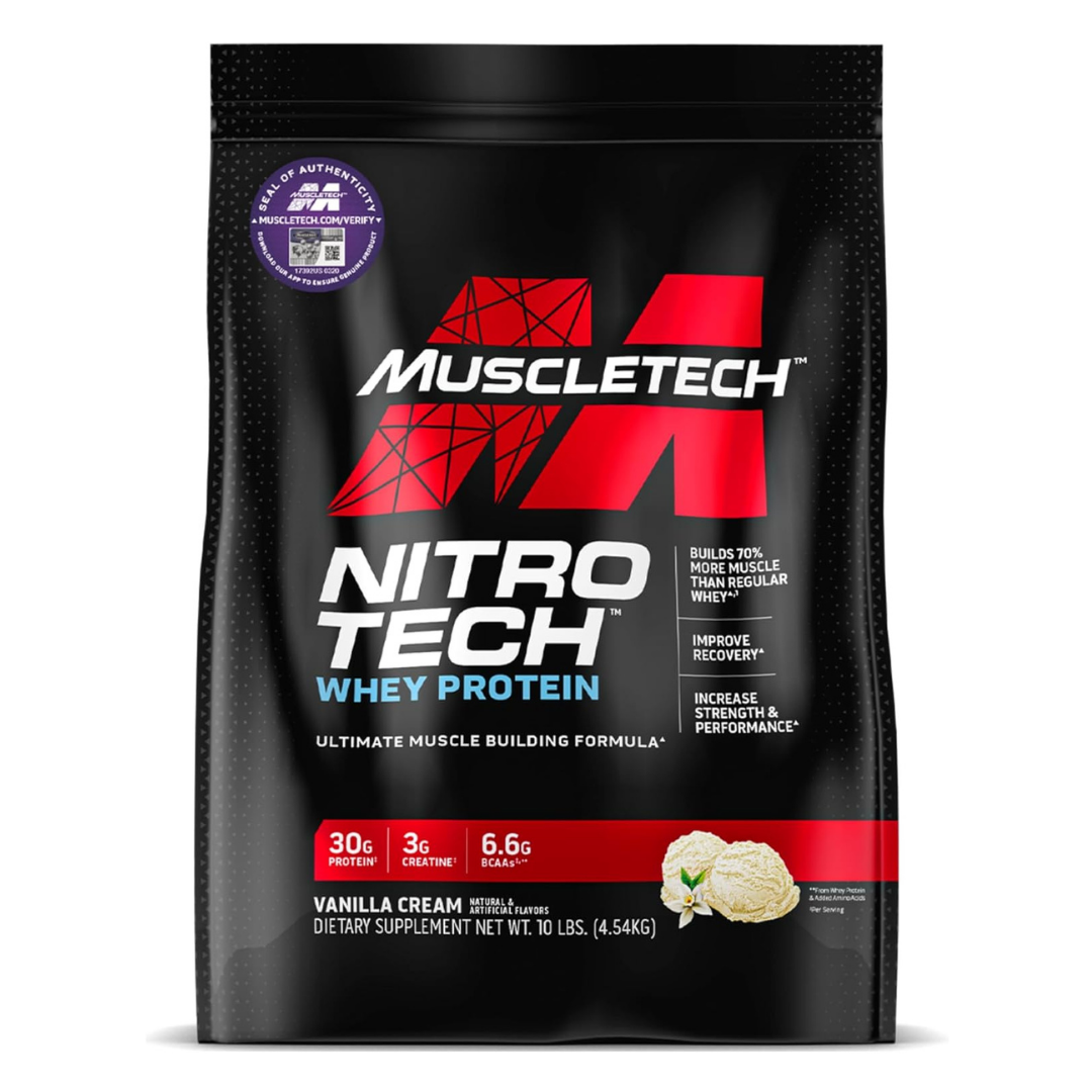 MuscleTech Nitro-Tech Whey Protein Powder With Creatine for Muscle Growth, Lean Muscle Building & Recovery, High-Quality Whey Protein Isolate Blend - – Vanilla Cream, 10lbs (4.54 kg)