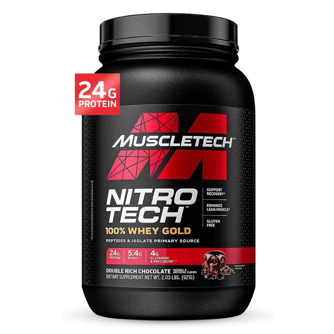 MuscleTech Nitro-Tech 100% Whey Gold Protein Powder, Fast-Absorbing Whey Peptides & Isolate, Muscle Growth & Recovery Double Rich Chocolate – 2lbs