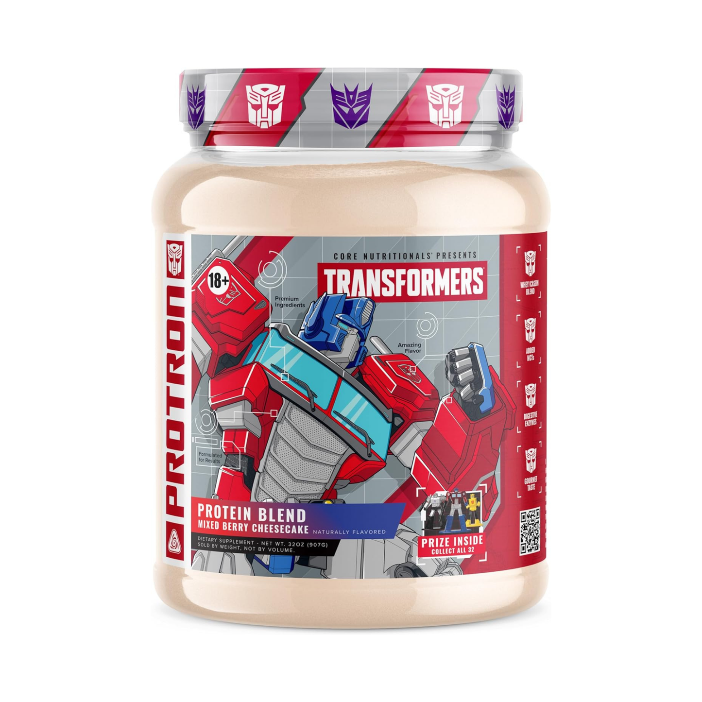Core Nutritionals Transformers Protron Protein Blend – 25 g Whey + Casein Protein with Digestive Enzymes & MCTs - Optimus Prime (Mixed Berry Cheesecake)