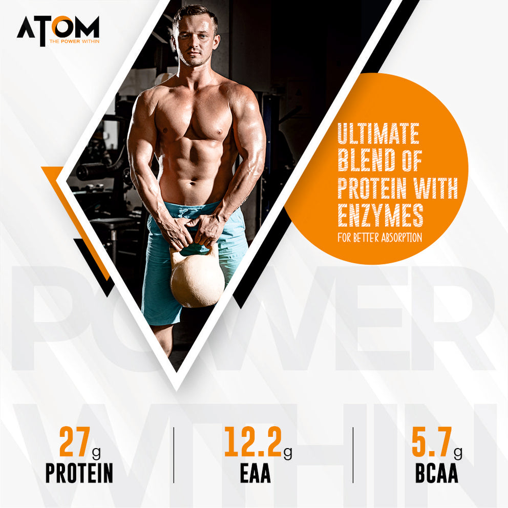 ATOM Whey Protein with Digestive Enzymes 27g protein 5.7g BCAA Lab Tested USA Labdoor Certified For Accuracy & Purity