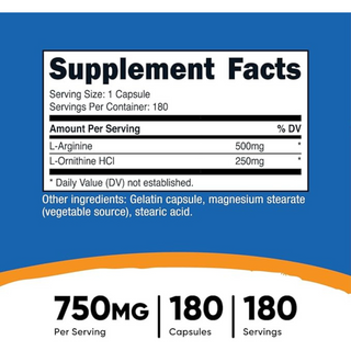 Nutricost L-Arginine L-Ornithine Capsules 750 MG 180 Capsules Nutricost
