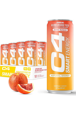 C4 Pre Workout Energy Drink With Beta-Alanine, Zero Sugar, Carbonated Drink for Strength & Endurance, Blood Orange Yuzu Flavor – 12 Pack