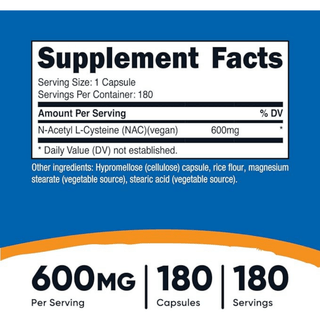 Nutricost N-Acetyl L-Cysteine NAC 600mg; 180 Capsules Nutricost