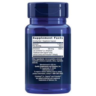 Life Extension Optimized Chromium with Crominex 3+ 500 mcg, metabolism health, healthy balance, Vegetarian, Gluten Free, Non-GMO, 500 mcg, 60 vegetarian capsules Life Extension