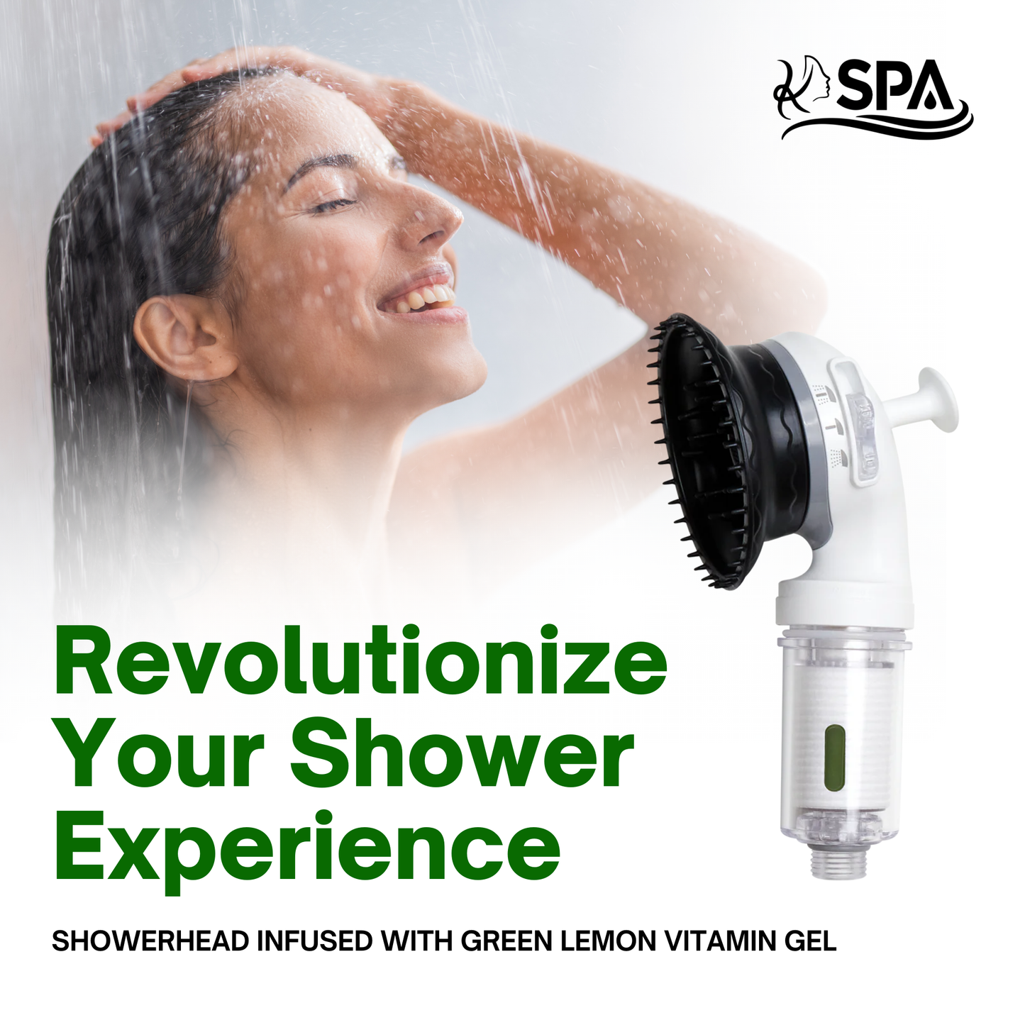 K-HeadSpa Water Filtration Shower System with Massage Head, Activated Carbon Filter, Vitamin Gel & Holder – Green Lemon