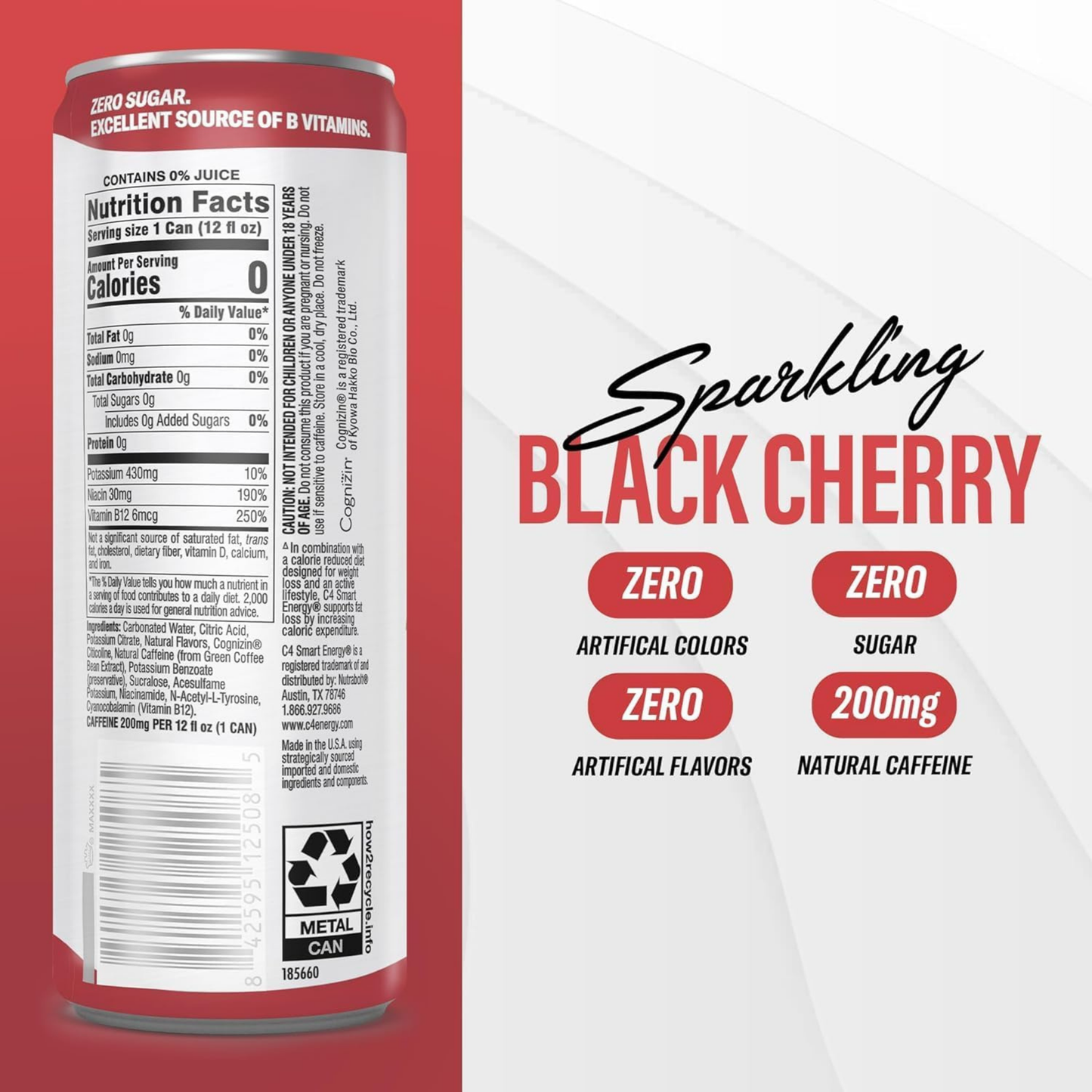 C4 Pre Workout Energy Drink With Beta-Alanine, Zero Sugar, Carbonated Drink for Strength & Endurance, Black Cherry Flavor – 12 Pack