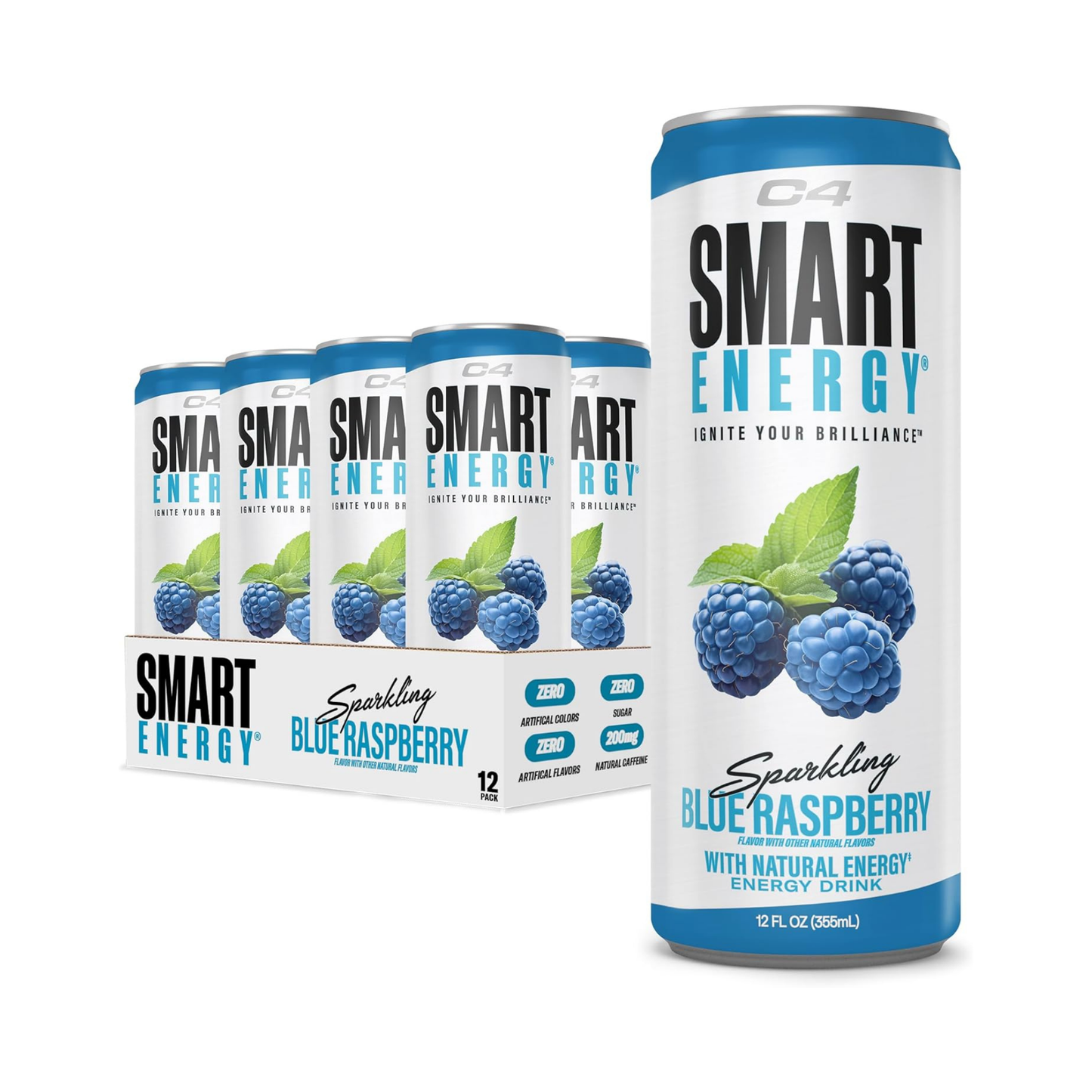 C4 Pre Workout Energy Drink With Beta-Alanine, Zero Sugar, Carbonated Drink for Strength & Endurance, Blue Raspberry Flavor – 12 Pack