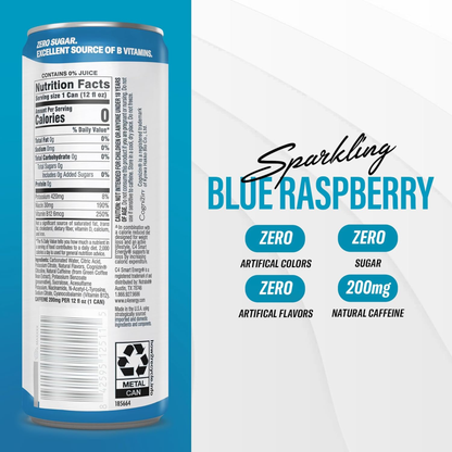 C4 Pre Workout Energy Drink With Beta-Alanine, Zero Sugar, Carbonated Drink for Strength & Endurance, Blue Raspberry Flavor – 12 Pack
