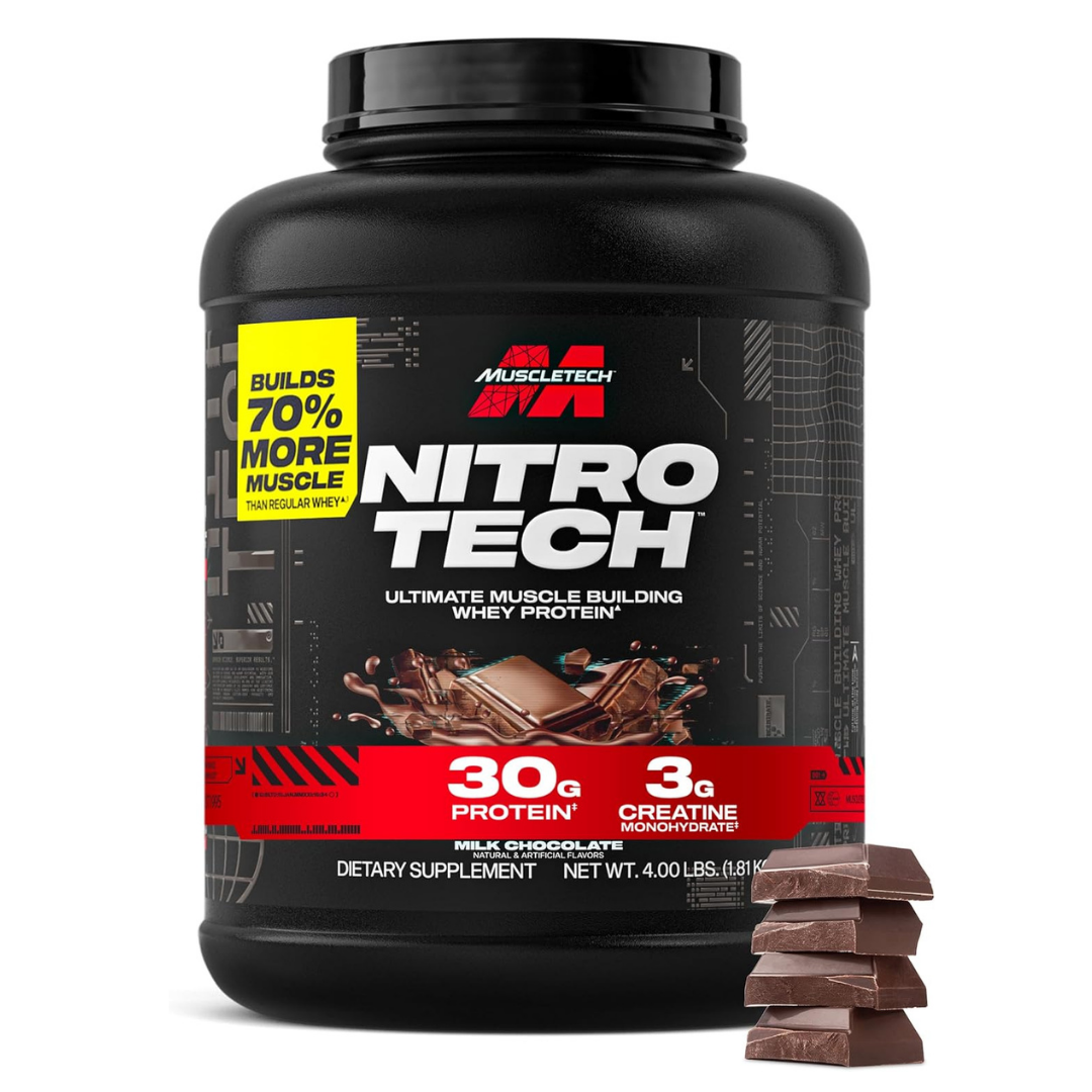 MuscleTech Nitro-Tech Whey Protein Powder With Creatine for Muscle Growth, Lean Muscle Building & Recovery, High-Quality Whey Protein Isolate Blend  Chocolate Flavor –  4lbs