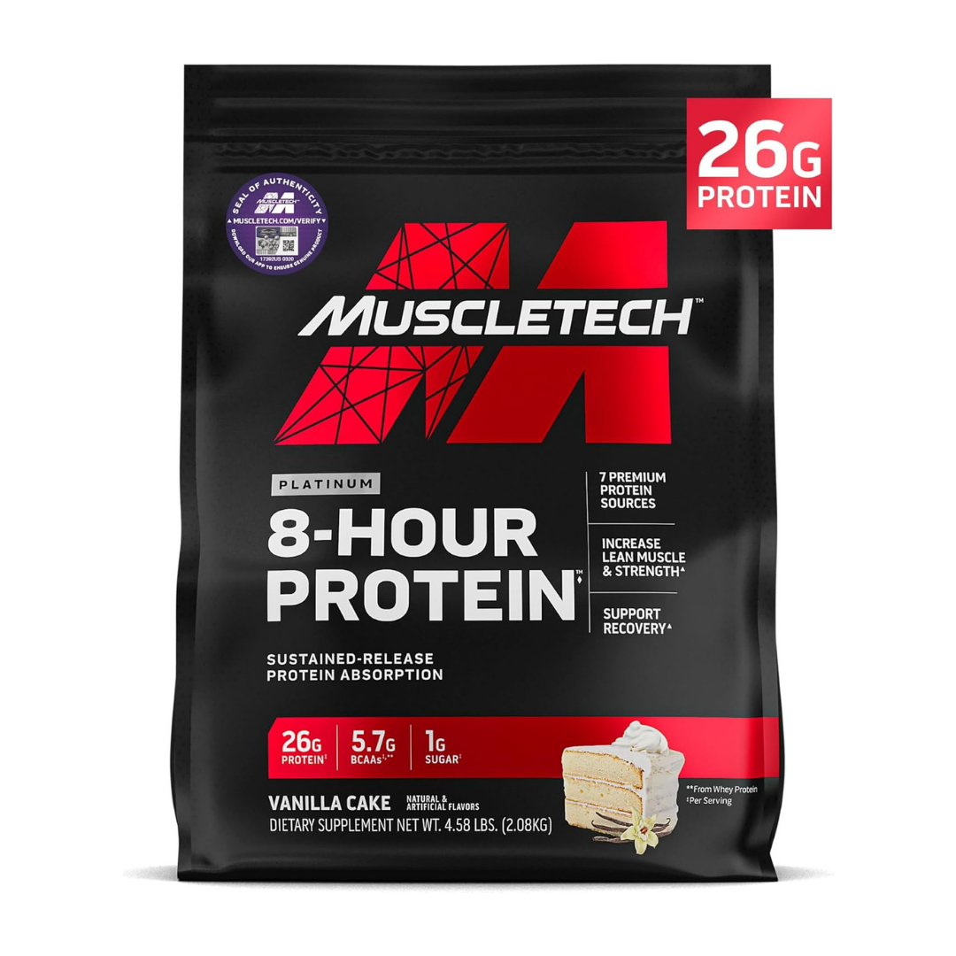 MuscleTech Platinum 8-Hour Protein Powder, Slow-Digesting Casein & Whey Blend Protein, Supports Muscle Recovery & Growth – Vanilla Cake (4.6 lbs)