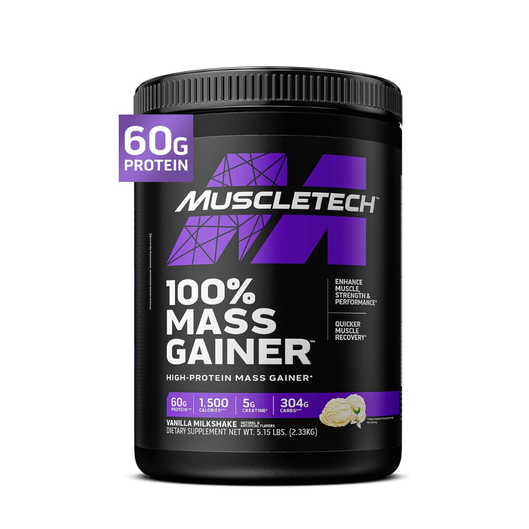 MuscleTech 100% Mass Gainer Vanilla | High-Calorie Mass Gainer for Bulking  – Vanilla Milkshake  5.15lbs