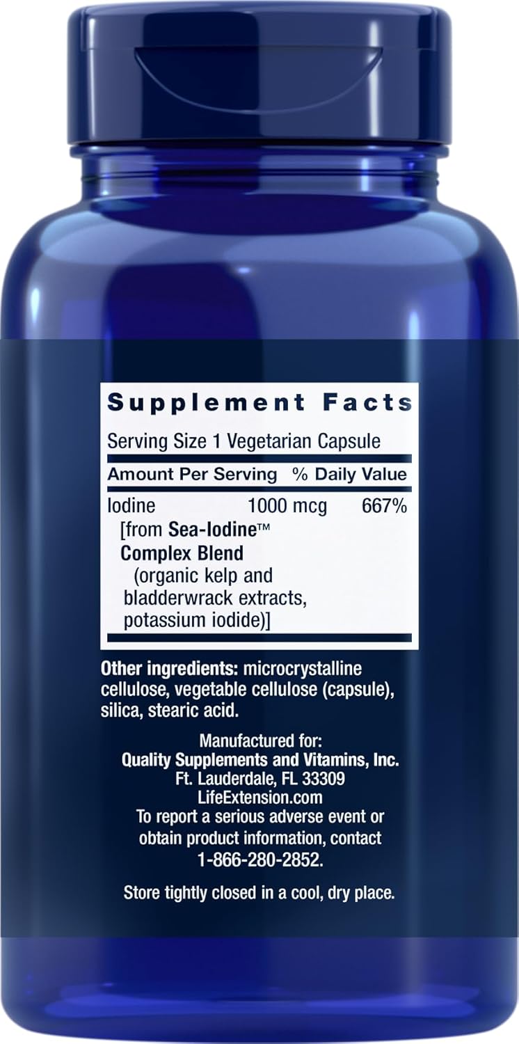 Life Extension Sea Iodine 1000 mcg, Iodine from Kelp + Potassium Iodide, Supports Thyroid Health & Metabolism - 60 Veg Capsules
