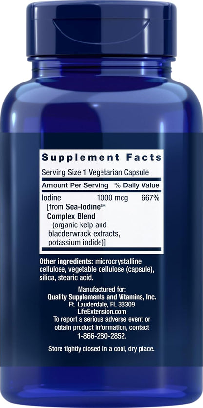 Life Extension Sea Iodine 1000 mcg, Iodine from Kelp + Potassium Iodide, Supports Thyroid Health & Metabolism - 60 Veg Capsules
