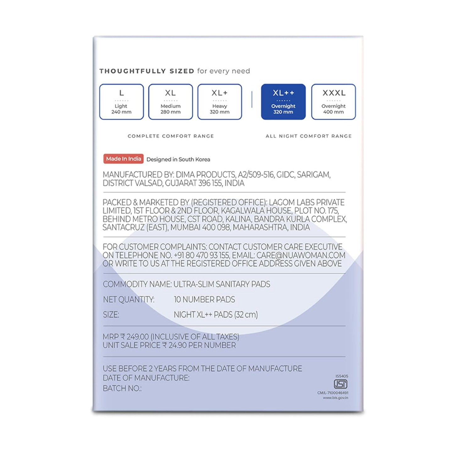 Nua Ultra Overnight Sanitary Pads with Wings – Heavy Flow, Rash-Free, Toxin-Free, 2X Leak Protection, Soft Top Layer for Night Comfort - XL+