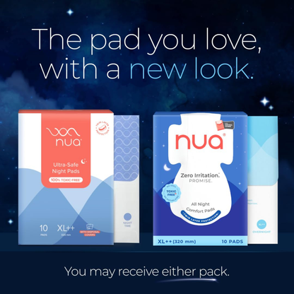 Nua Ultra Overnight Sanitary Pads with Wings – Heavy Flow, Rash-Free, Toxin-Free, 2X Leak Protection, Soft Top Layer for Night Comfort - XL+