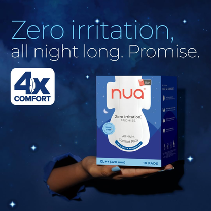 Nua Ultra Overnight Sanitary Pads with Wings – Heavy Flow, Rash-Free, Toxin-Free, 2X Leak Protection, Soft Top Layer for Night Comfort - XL+