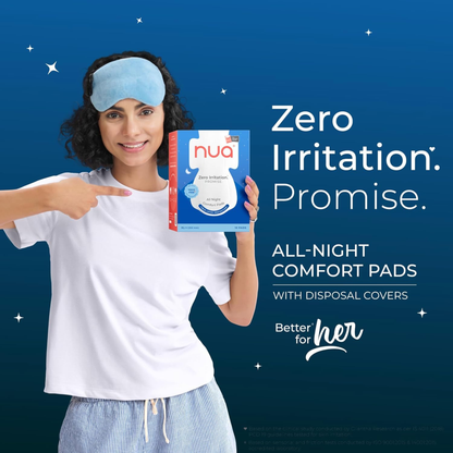 Nua Ultra Overnight Sanitary Pads with Wings – Heavy Flow, Rash-Free, Toxin-Free, 2X Leak Protection, Soft Top Layer for Night Comfort - XL+