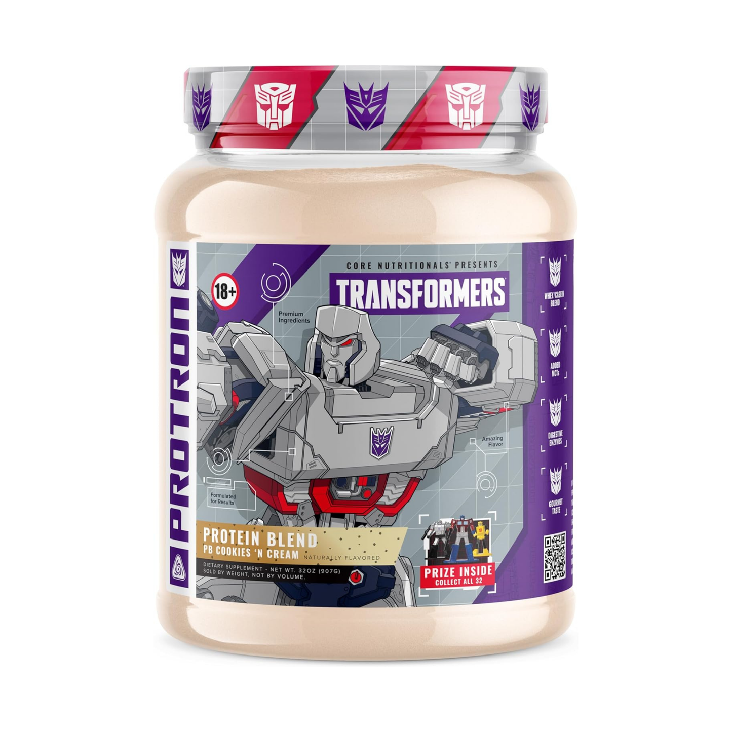 Core Nutritionals Transformers Protron Protein Blend – 25 g Whey + Casein Protein with Digestive Enzymes & MCTs - Cookies N Cream (2lbs)