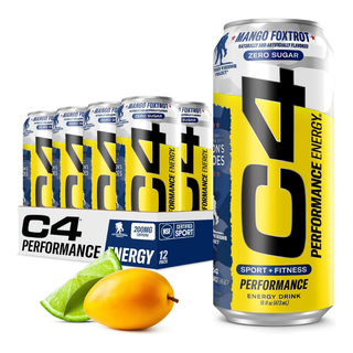 C4 Pre Workout Energy Drink With Beta-Alanine, Zero Sugar, Carbonated Drink for Strength & Endurance, Mango Foxtrot Flavor – 12 Pack