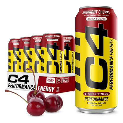 C4 Pre Workout Energy Drink With Beta-Alanine, Zero Sugar, Carbonated Drink for Strength & Endurance, Midnight Cherry Flavor – 12 Pack
