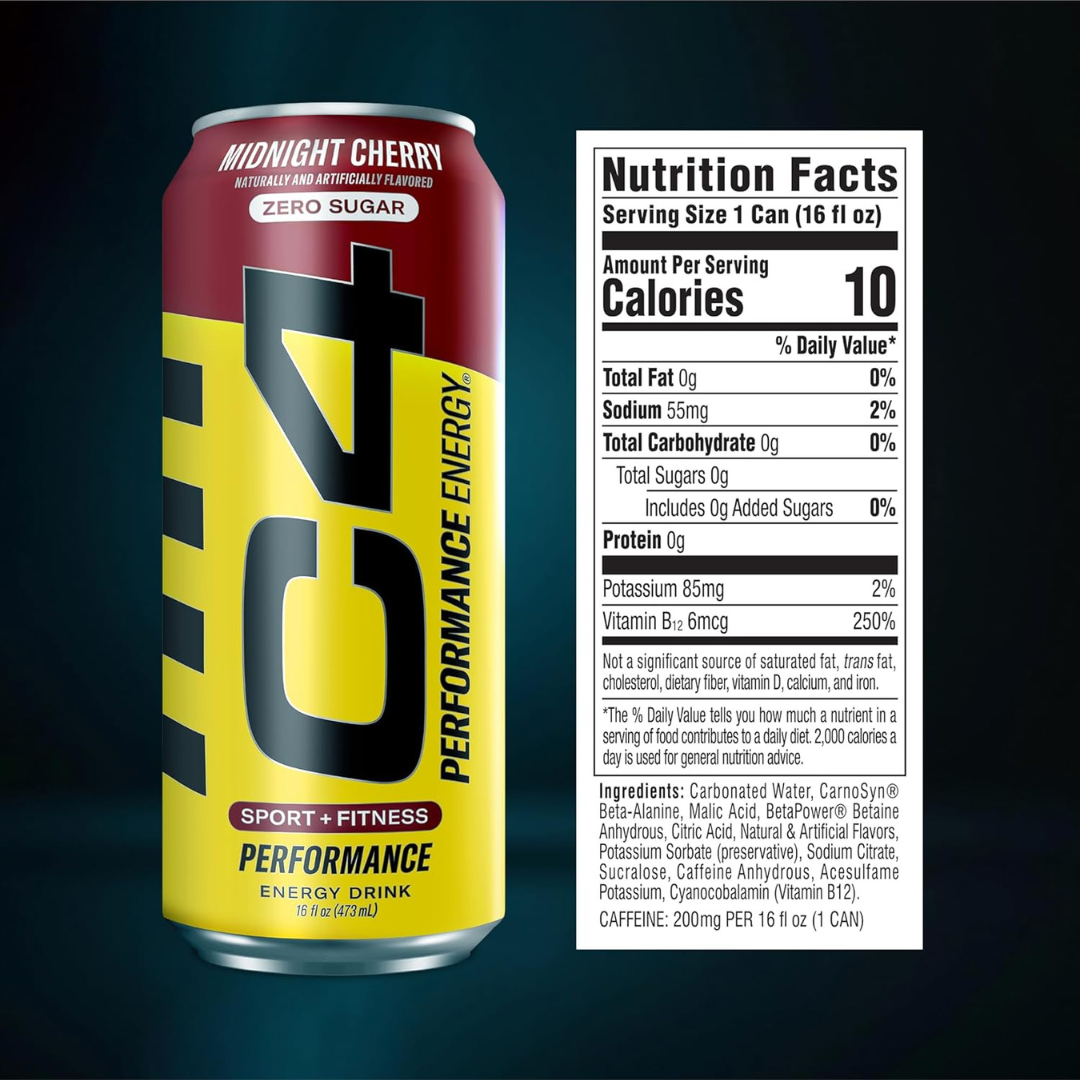 C4 Pre Workout Energy Drink With Beta-Alanine, Zero Sugar, Carbonated Drink for Strength & Endurance, Midnight Cherry Flavor – 12 Pack