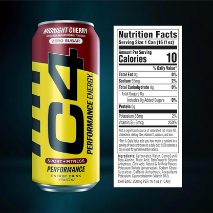 C4 Pre Workout Energy Drink With Beta-Alanine, Zero Sugar, Carbonated Drink for Strength & Endurance, Midnight Cherry Flavor – 12 Pack