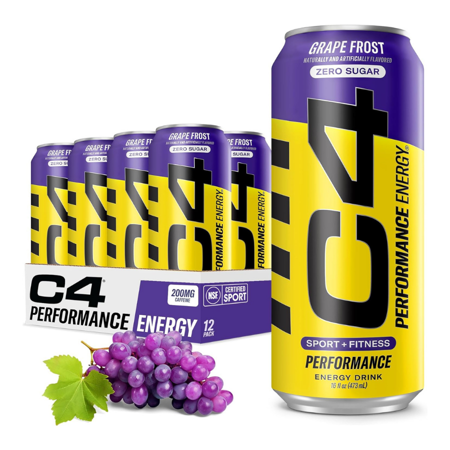 C4 Pre Workout Energy Drink With Beta-Alanine, Zero Sugar, Carbonated Drink for Strength & Endurance, Purple Frost Flavor – 12 Pack