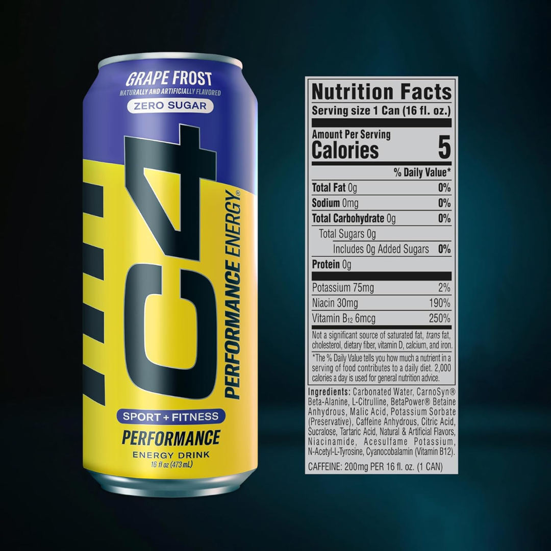 C4 Pre Workout Energy Drink With Beta-Alanine, Zero Sugar, Carbonated Drink for Strength & Endurance, Purple Frost Flavor – 12 Pack