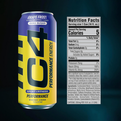 C4 Pre Workout Energy Drink With Beta-Alanine, Zero Sugar, Carbonated Drink for Strength & Endurance, Purple Frost Flavor – 12 Pack