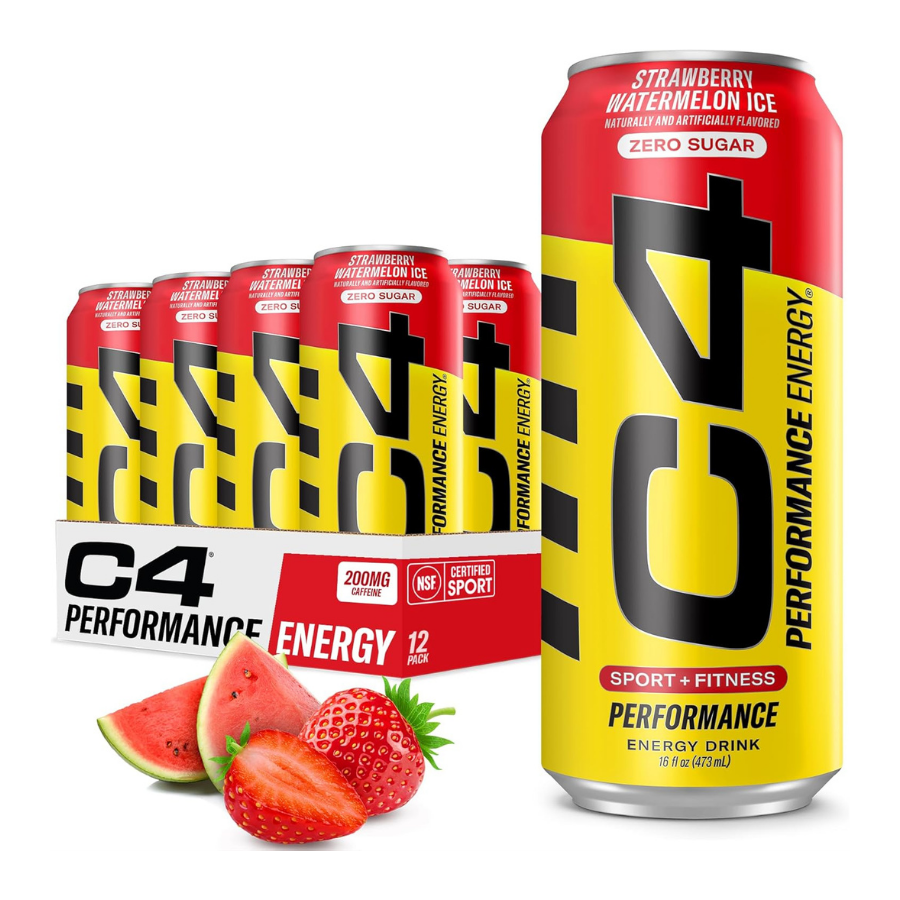 C4 Pre Workout Energy Drink With Beta-Alanine, Zero Sugar, Carbonated Drink for Strength & Endurance,  Strawberry Watermelon Flavor – 12 Pack