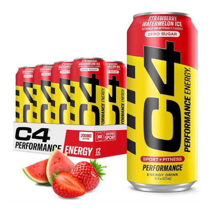 C4 Pre Workout Energy Drink With Beta-Alanine, Zero Sugar, Carbonated Drink for Strength & Endurance,  Strawberry Watermelon Flavor – 12 Pack