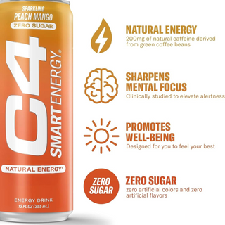 C4 Pre Workout Energy Drink With Beta-Alanine, Zero Sugar, Carbonated Drink for Strength & Endurance,  Peach Mango Flavor – 12 Pack