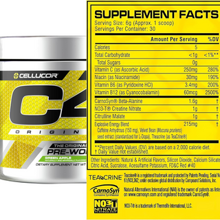 C4 Original Pre Workout Powder with Zero Sugar, Beta-Alanine, Vitamin C, for Energy, Focus & Performance, Green Apple Flavor – 30 Servings