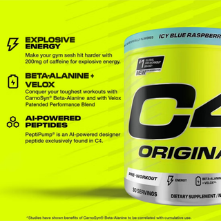C4 Original Pre Workout Powder with Zero Sugar, Beta-Alanine, Vitamin C, for Energy, Focus & Performance, Icy Blue Razz Flavor – 30 Servings
