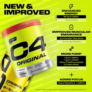 C4 Original Pre Workout Powder with Zero Sugar, Beta-Alanine, Vitamin C, for Energy, Focus & Performance, Fruit Punch Flavor – 50 Servings