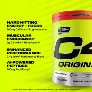 C4 Original Pre Workout Powder with Zero Sugar, Beta-Alanine, Vitamin C, for Energy, Focus & Performance, Fruit Punch Flavor – 50 Servings