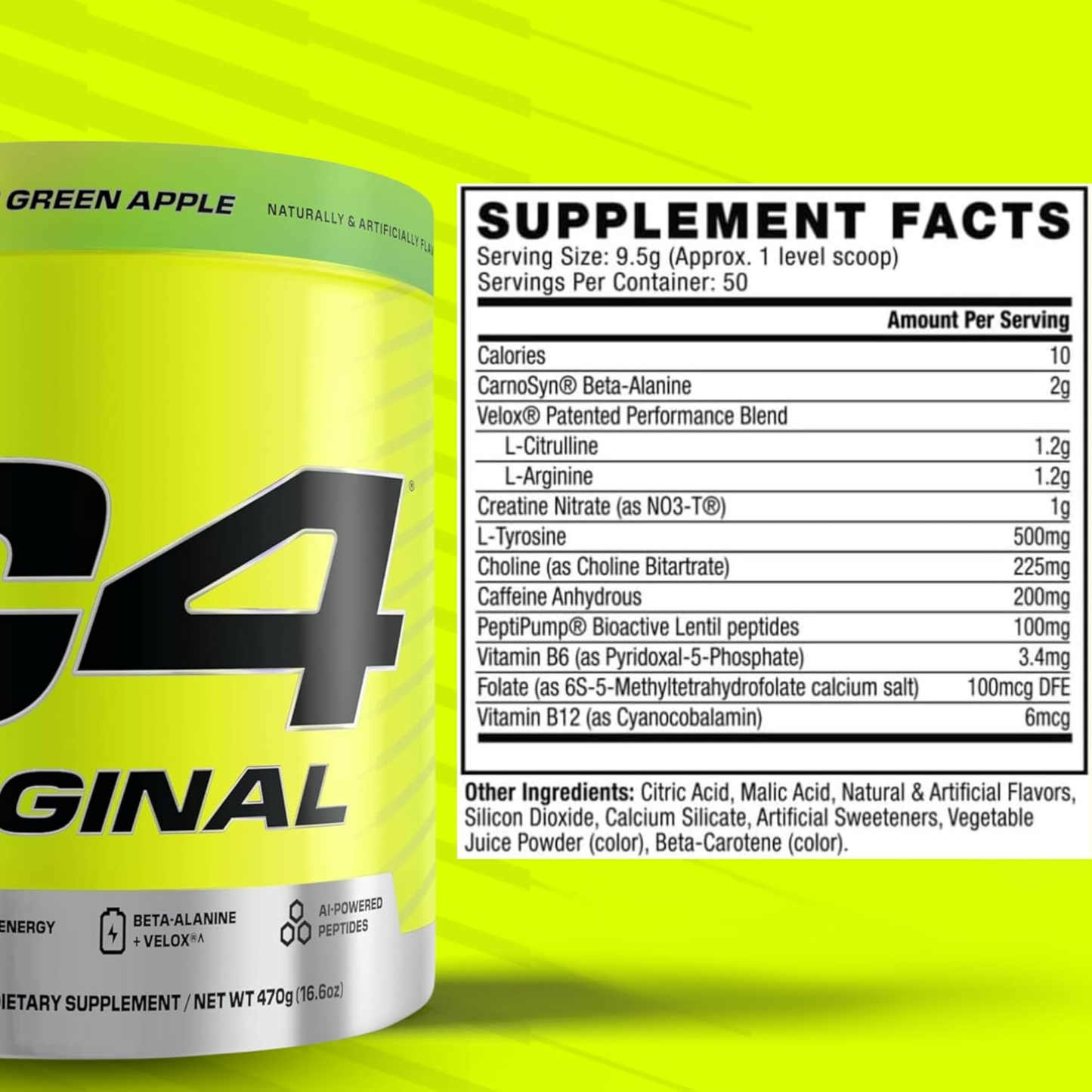 C4 Original Pre Workout Powder with Zero Sugar, Beta-Alanine, Vitamin C, for Energy, Focus & Performance, Green Apple Flavor – 50 Servings