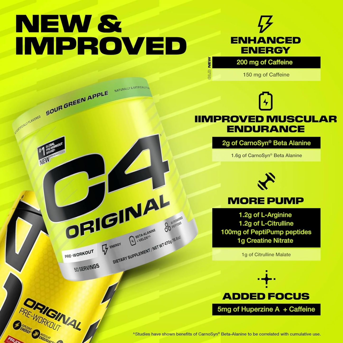 C4 Original Pre Workout Powder with Zero Sugar, Beta-Alanine, Vitamin C, for Energy, Focus & Performance, Green Apple Flavor – 50 Servings