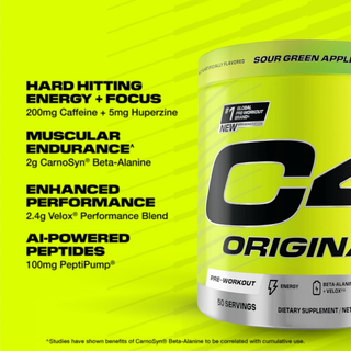 C4 Original Pre Workout Powder with Zero Sugar, Beta-Alanine, Vitamin C, for Energy, Focus & Performance, Green Apple Flavor – 50 Servings