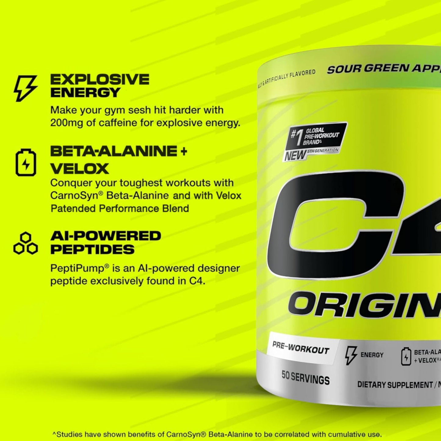 C4 Original Pre Workout Powder with Zero Sugar, Beta-Alanine, Vitamin C, for Energy, Focus & Performance, Green Apple Flavor – 50 Servings
