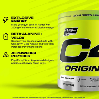 C4 Original Pre Workout Powder with Zero Sugar, Beta-Alanine, Vitamin C, for Energy, Focus & Performance, Green Apple Flavor – 50 Servings