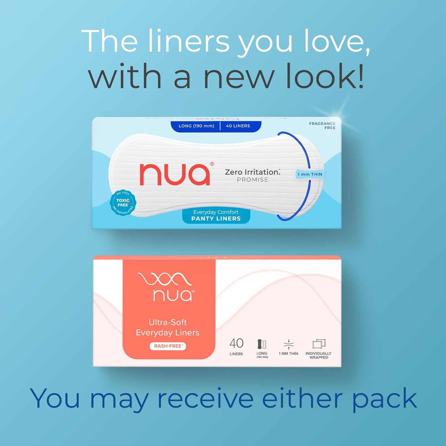 Nua Ultra-Thin Panty Liners for Women – Super Absorbent, Rash-Free, Individually Wrapped & Anti-Allergy  - 40 Liners (190mm)