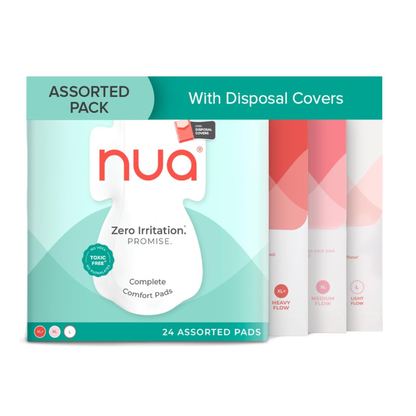 Nua Pads for Women, Rash-Free, Soft & Leak-Proof Period Pads, Comfortable Menstrual Pads -  Assorted Pack L, XL, XL+ (Pack of 24)