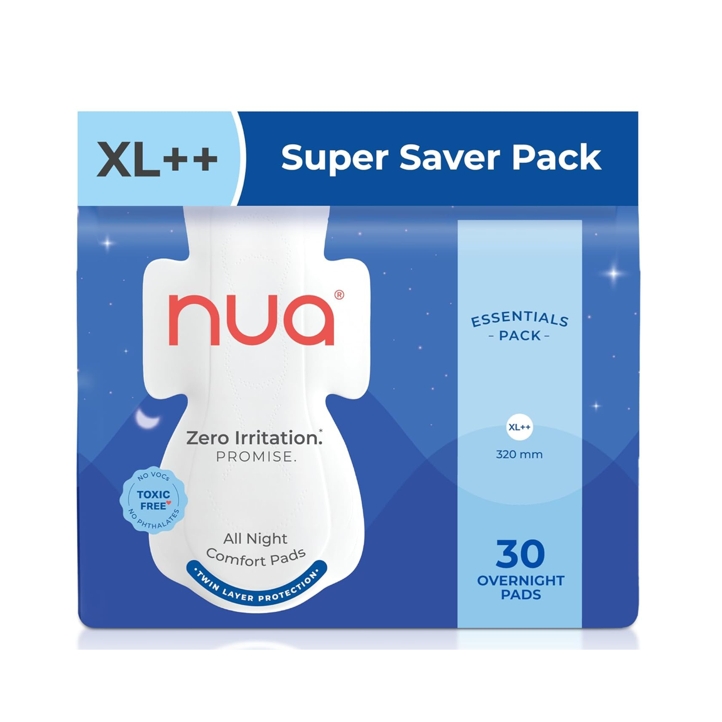 Nua Ultra Overnight Sanitary Pads with Wings – Heavy Flow, Rash-Free, Toxin-Free, 2X Leak Protection, Soft Top Layer for Night Comfort - XL++ (30 pads)