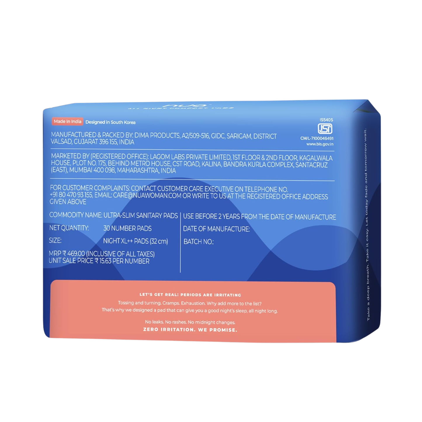 Nua Ultra Overnight Sanitary Pads with Wings – Heavy Flow, Rash-Free, Toxin-Free, 2X Leak Protection, Soft Top Layer for Night Comfort - XL++ (30 pads)