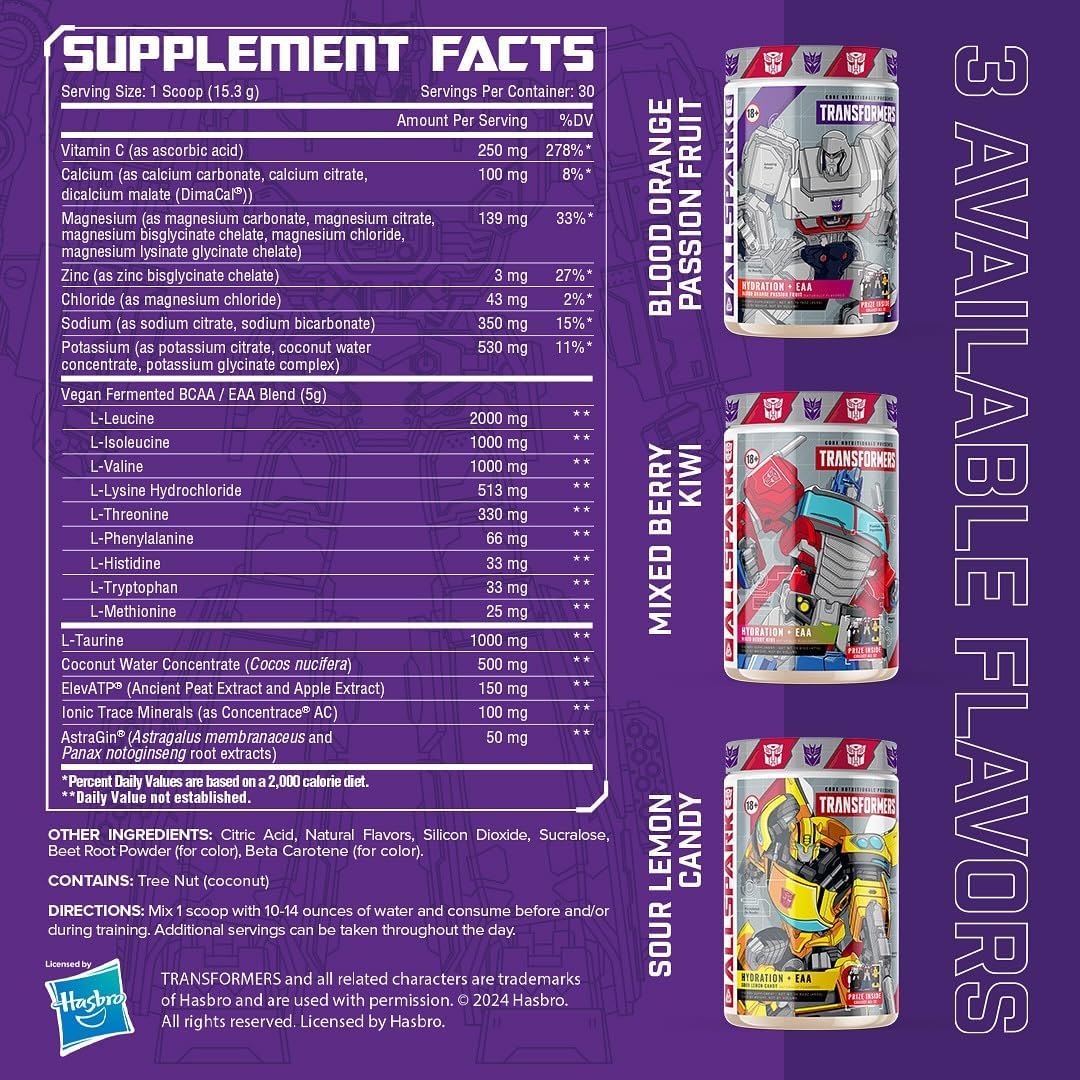 Core Nutritionals Transformers All Spark Hydration + EAA Full Electrolyte Blend for Recovery Bumblebee - 30 Servings (Sour Lemon Candy)