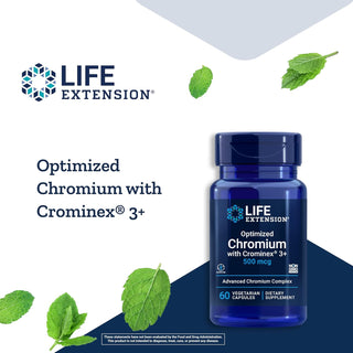 Life Extension Optimized Chromium with Crominex 3+ 500 mcg, metabolism health, healthy balance, Vegetarian, Gluten Free, Non-GMO, 500 mcg, 60 vegetarian capsules Life Extension